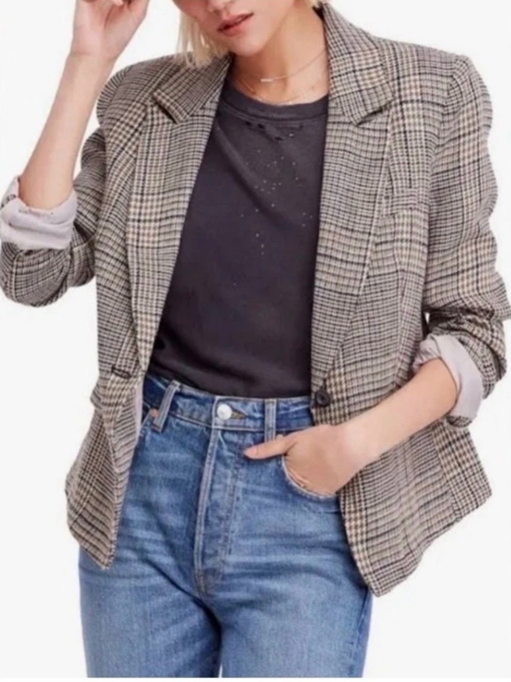 We The Free People Linen Blend Blazer Jacket Oversized Women XS Houndstooth Boho